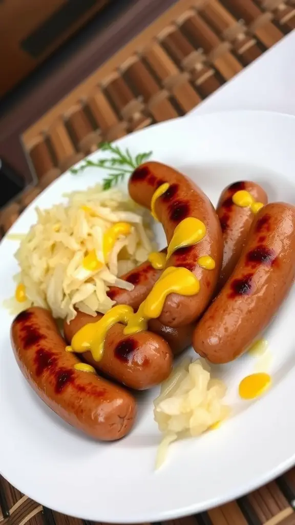 A plate of sausages with mustard and sauerkraut