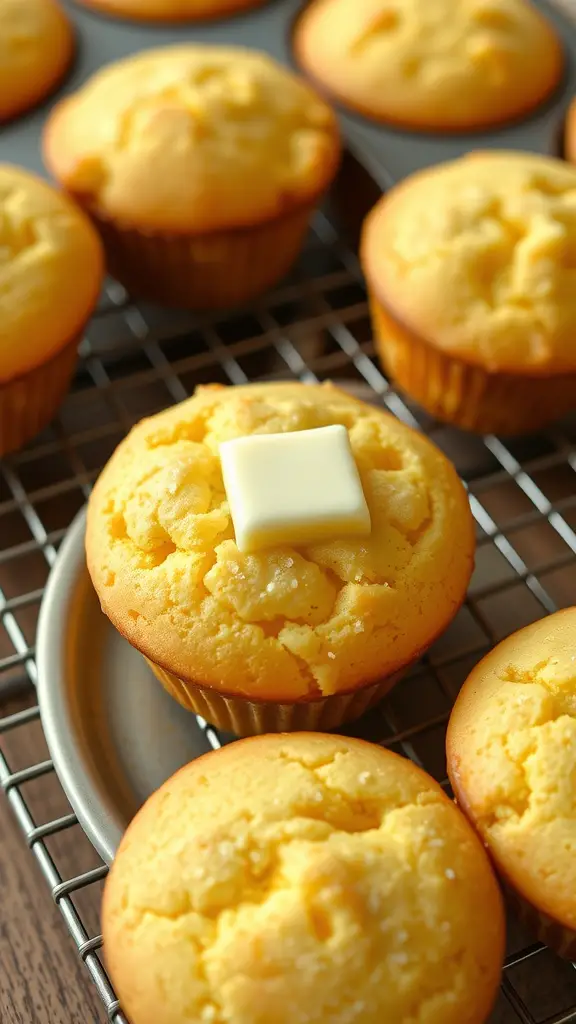 Freshly baked cornbread muffins topped with a pat of butter.