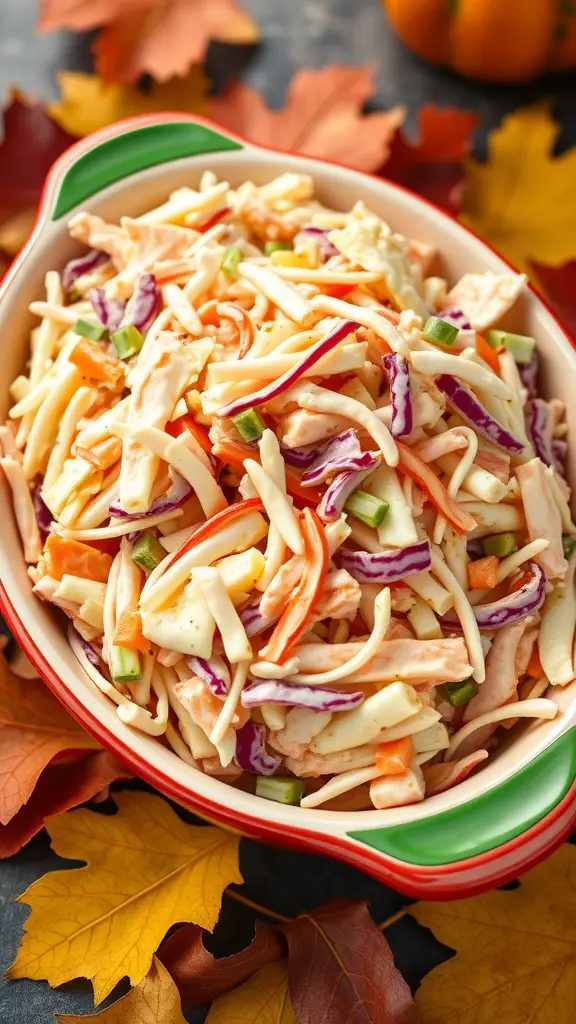 A colorful bowl of creamy coleslaw with shredded cabbage, carrots, and green onions.