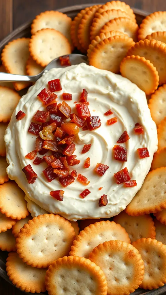 A bowl of creamy sauerkraut and bacon dip surrounded by crackers.