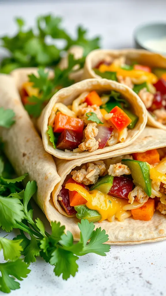 Delicious curry-spiced sauerkraut wraps filled with colorful vegetables and garnished with fresh cilantro.