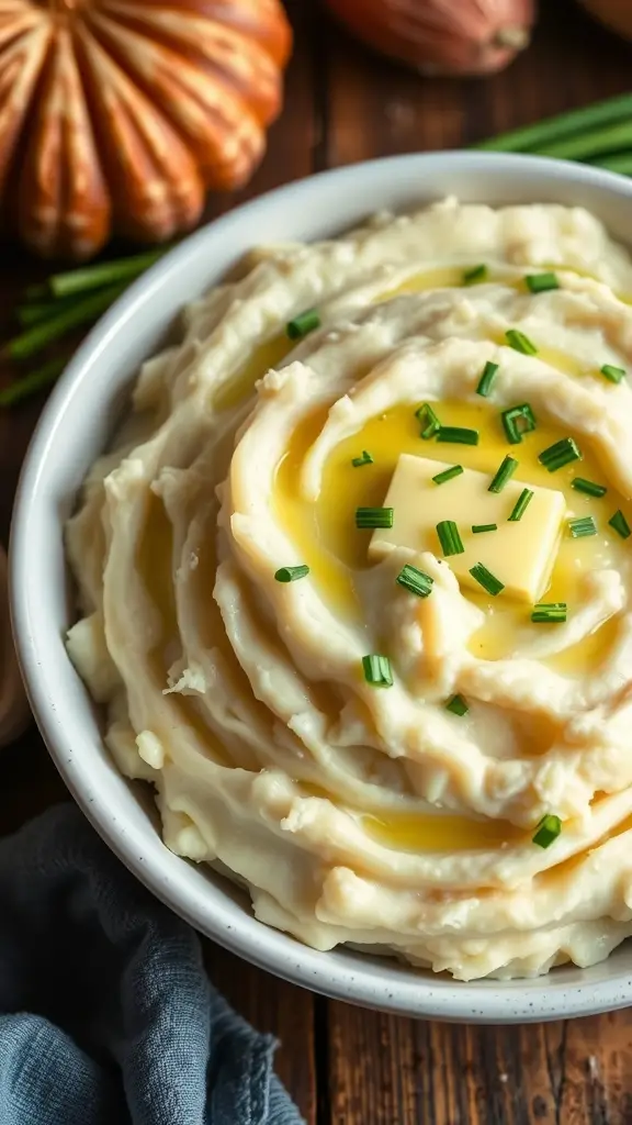 A bowl of creamy garlic mashed potatoes topped with butter and chives.