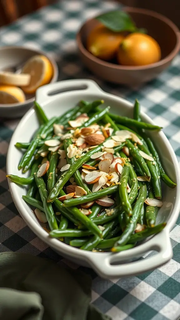 A dish of green beans with sliced almonds, served in a white bowl on a checkered tablecloth, with lemon slices and oranges in the background.