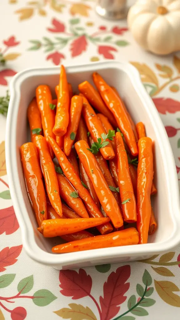 A dish of honey glazed carrots garnished with herbs.