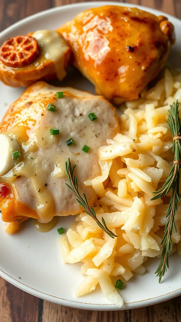 A plate of honey mustard glazed chicken served with sauerkraut and rice.