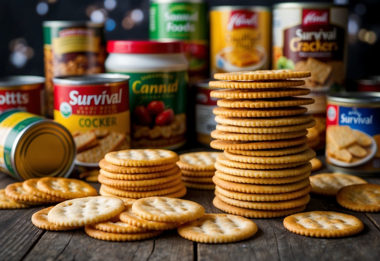 A variety of crackers stacked in a neat pile with a backdrop of other survival foods such as canned goods and dried fruits