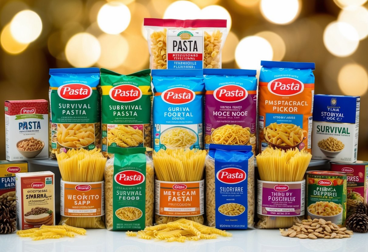 A variety of pasta packages arranged in a neat and organized display, surrounded by other survival foods