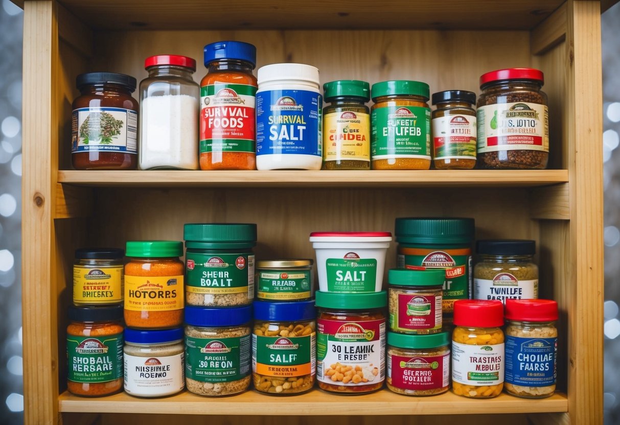 A variety of 30 survival foods, including salt, are neatly arranged on a sturdy wooden shelf