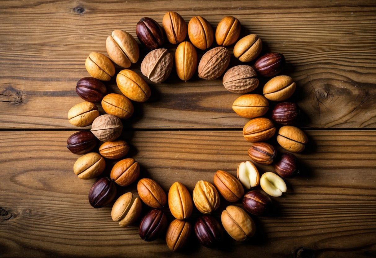 A variety of nuts arranged in a circle on a wooden surface