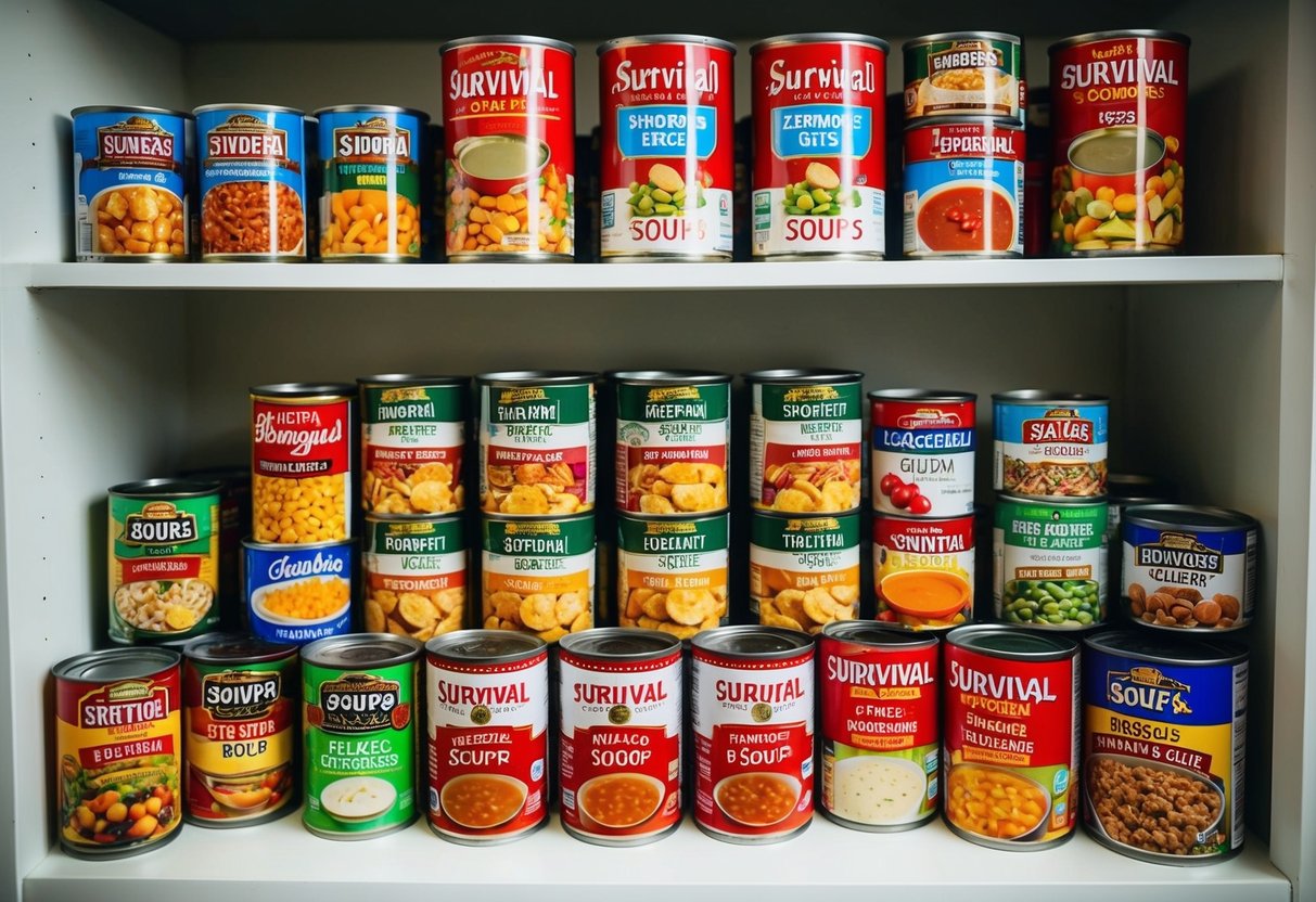 A variety of canned soups arranged on shelves with survival foods