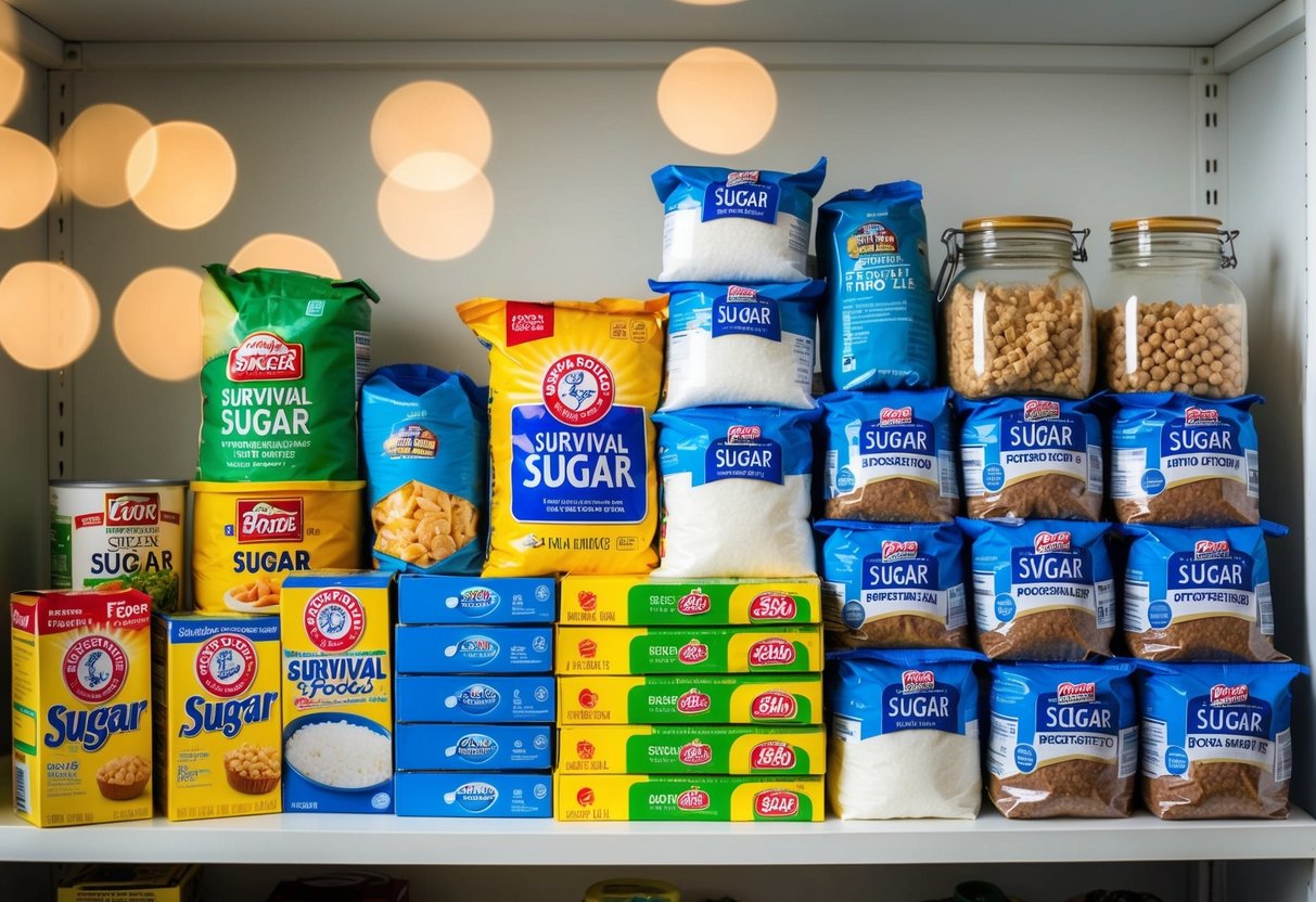 A stockpile of survival foods including 30 packs of sugar, neatly organized on a shelf