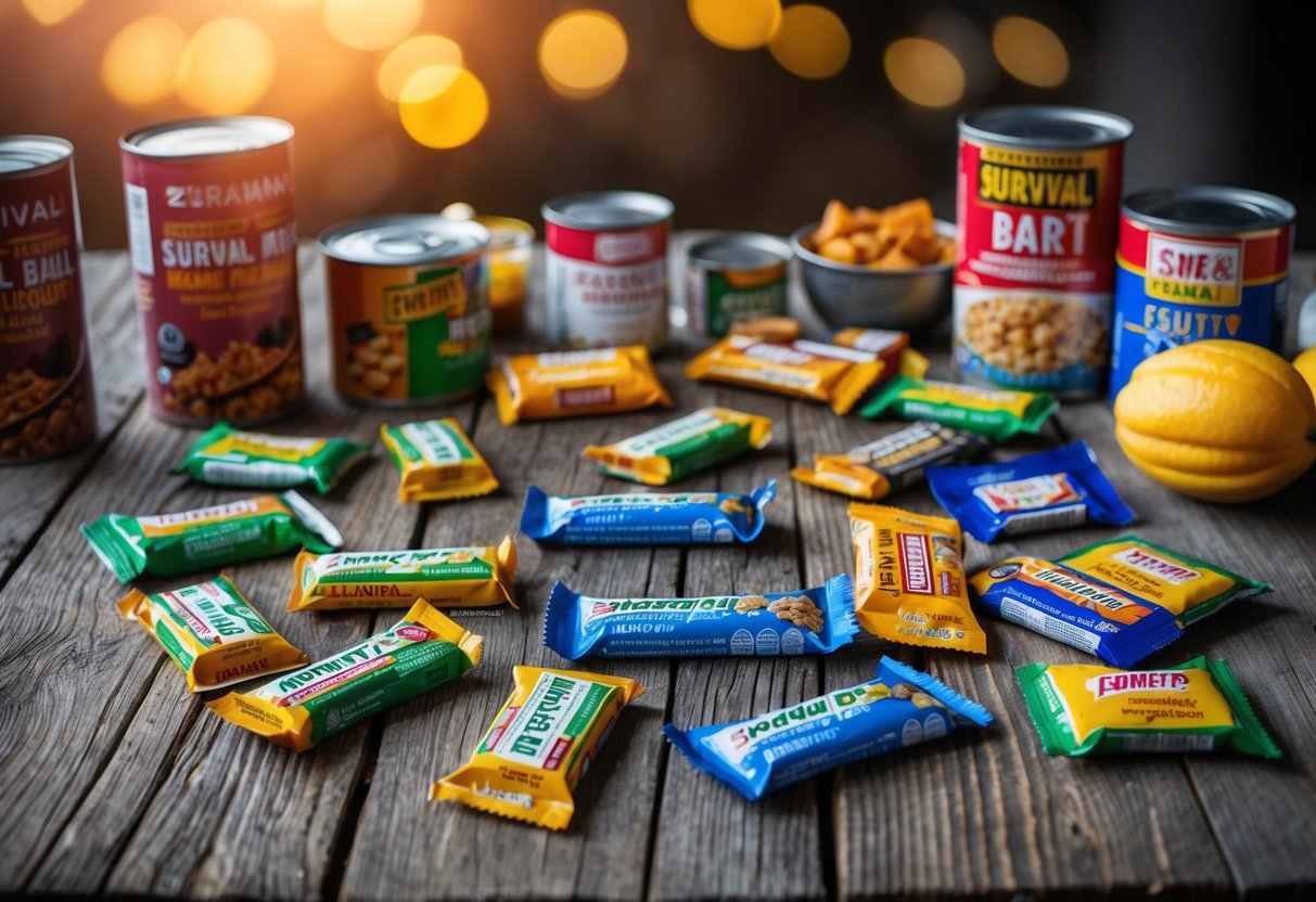 A variety of energy bars scattered on a rustic wooden table, surrounded by other survival foods like canned goods and dried fruits