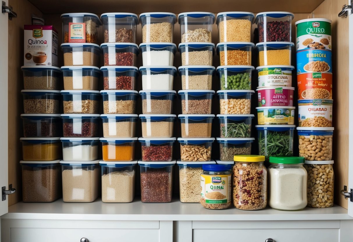 A stockpile of quinoa and 29 other survival foods neatly organized in a pantry, ready for long-term storage