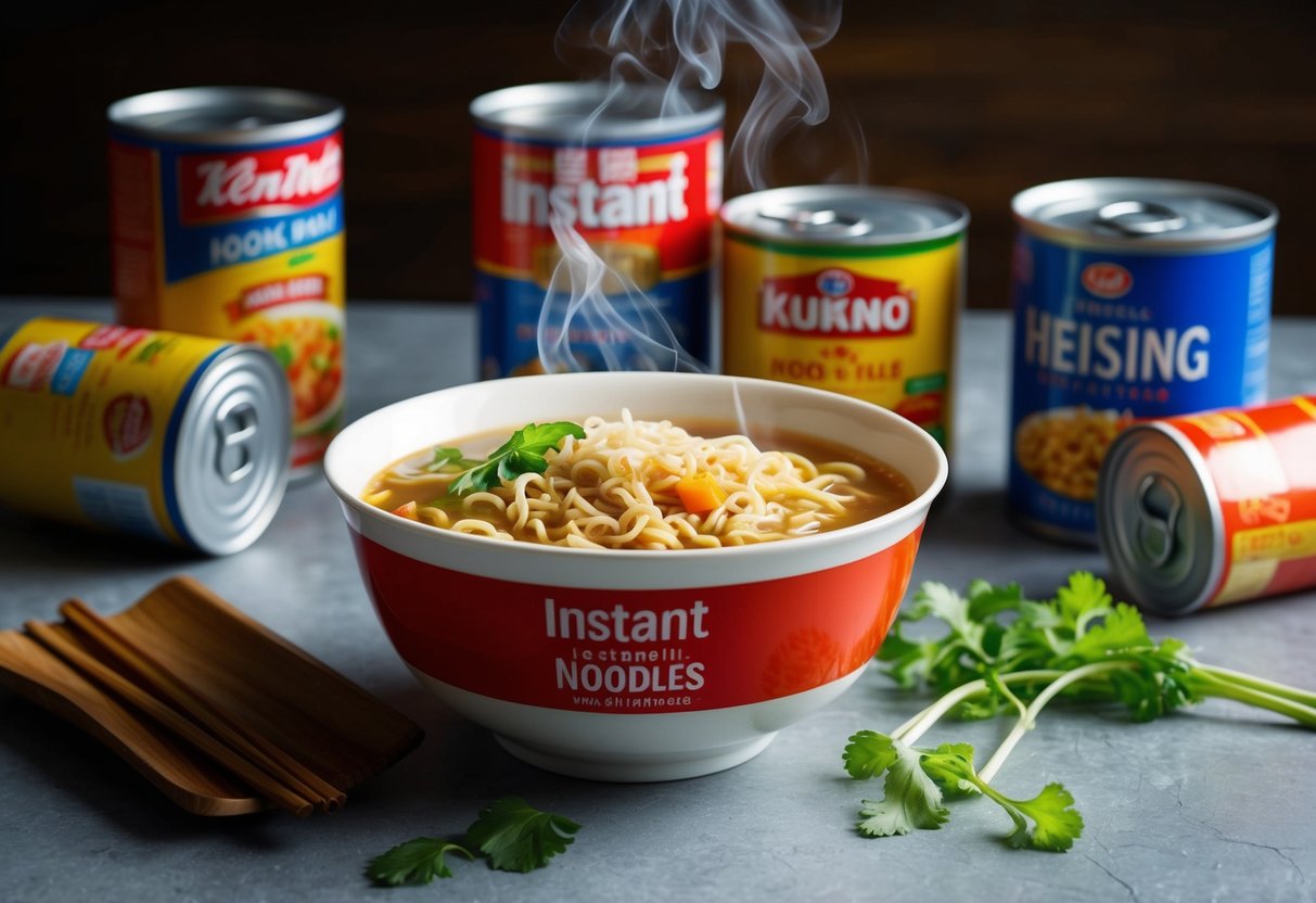 A steaming bowl of instant noodles surrounded by cans and non-perishable foods