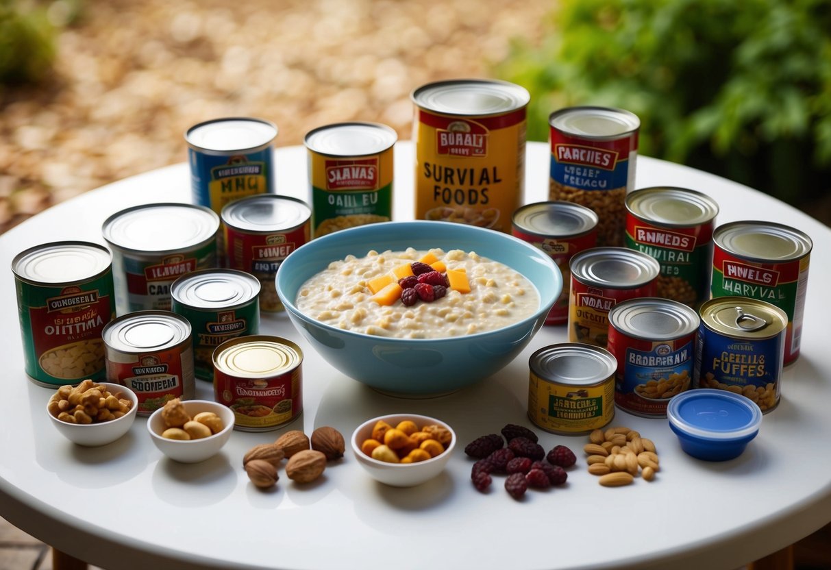 A bowl of oatmeal surrounded by 30 different survival foods, such as canned goods, dried fruits, and nuts, arranged neatly on a table