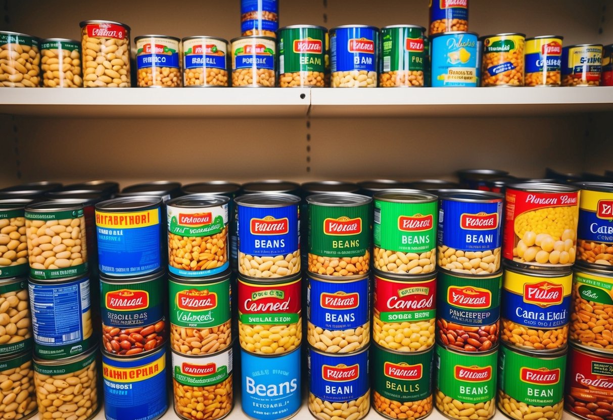 A variety of canned beans arranged in a neat, organized display on a shelf