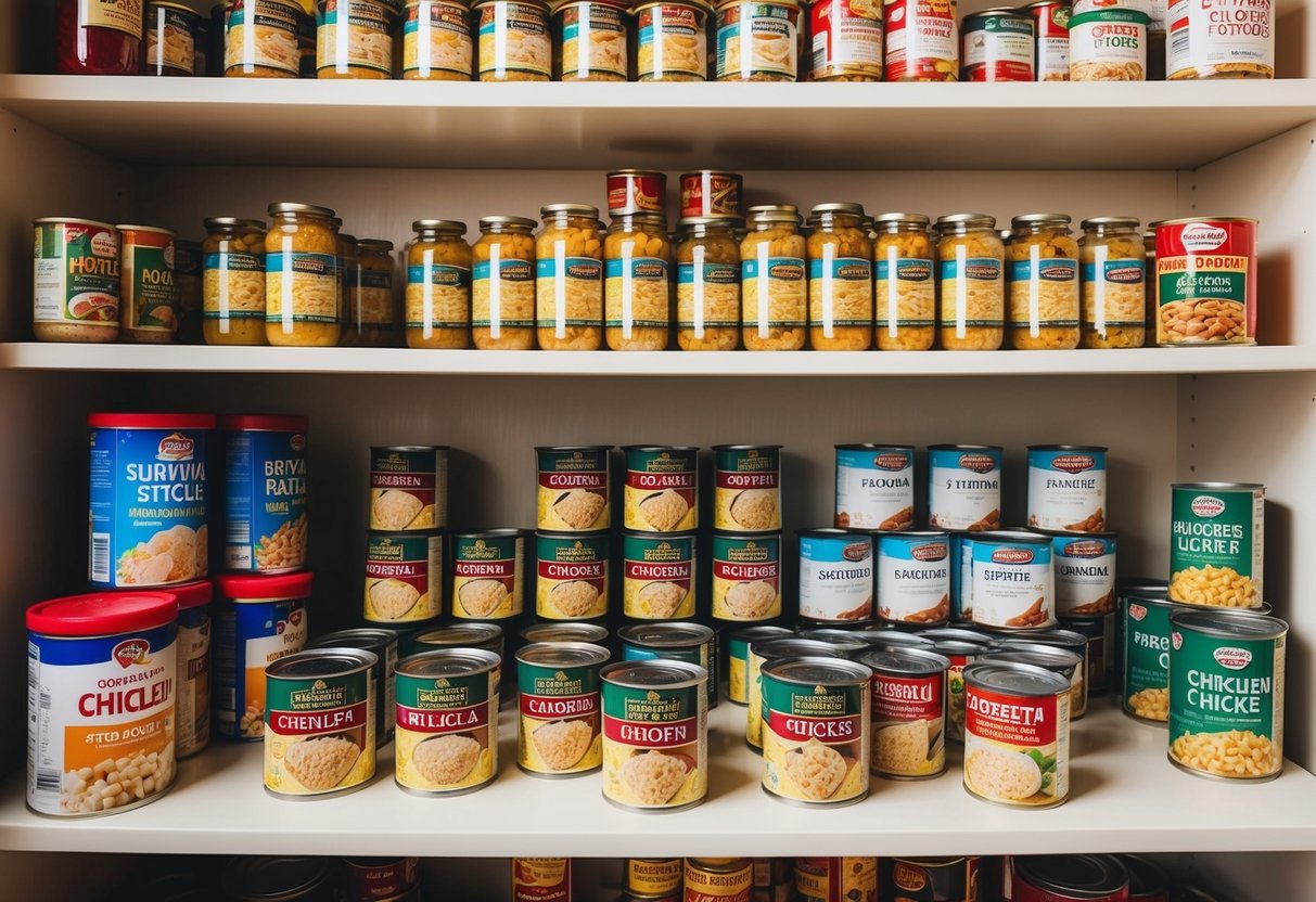 A pantry shelf with rows of canned chicken among other survival foods