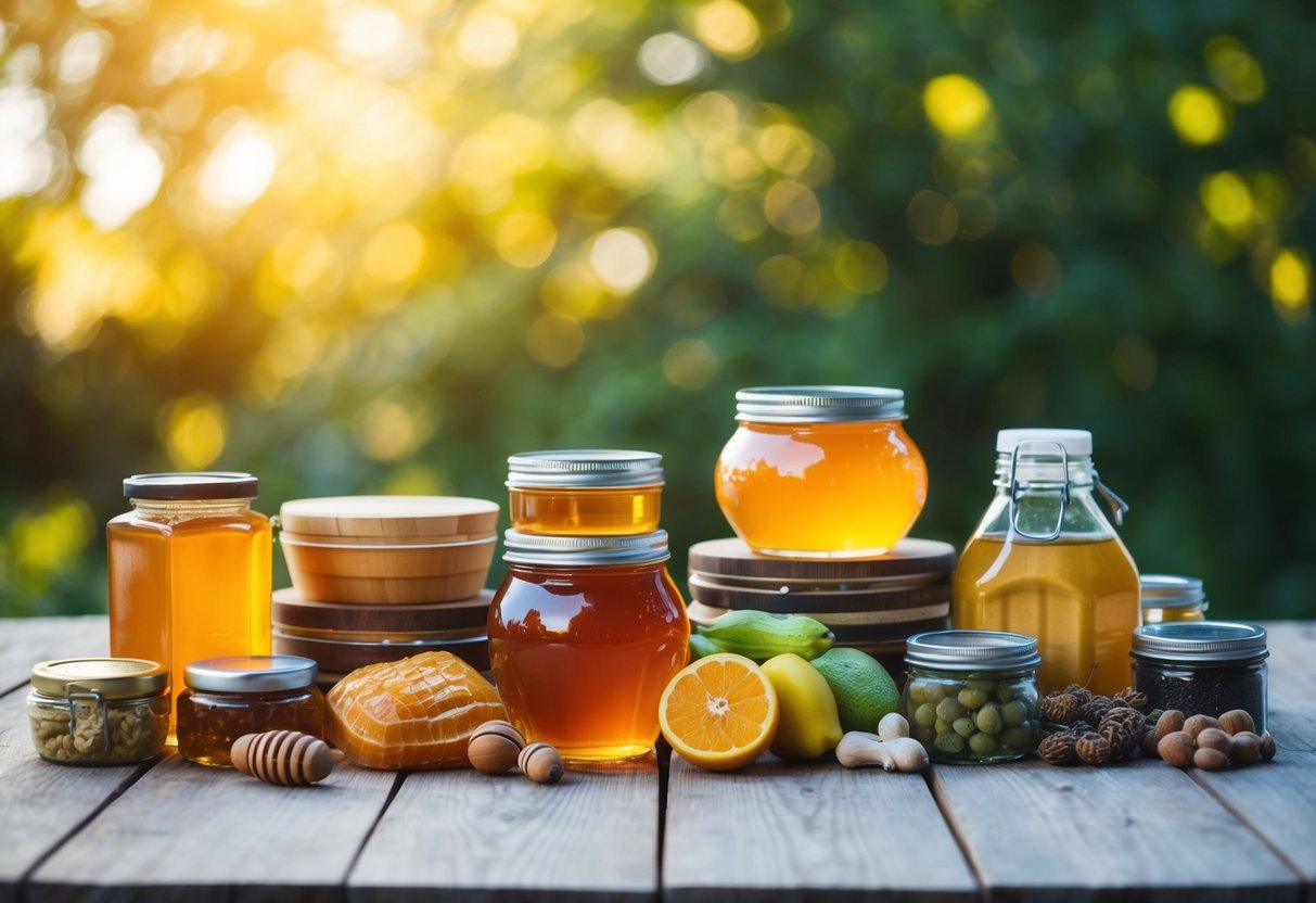 A variety of 30 survival foods, including honey, are neatly arranged on a wooden table