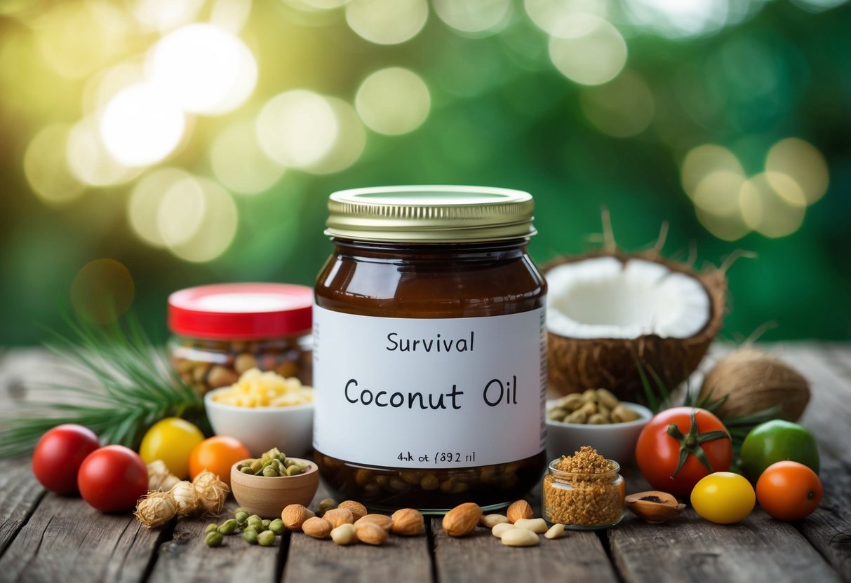 A jar of coconut oil surrounded by various survival foods