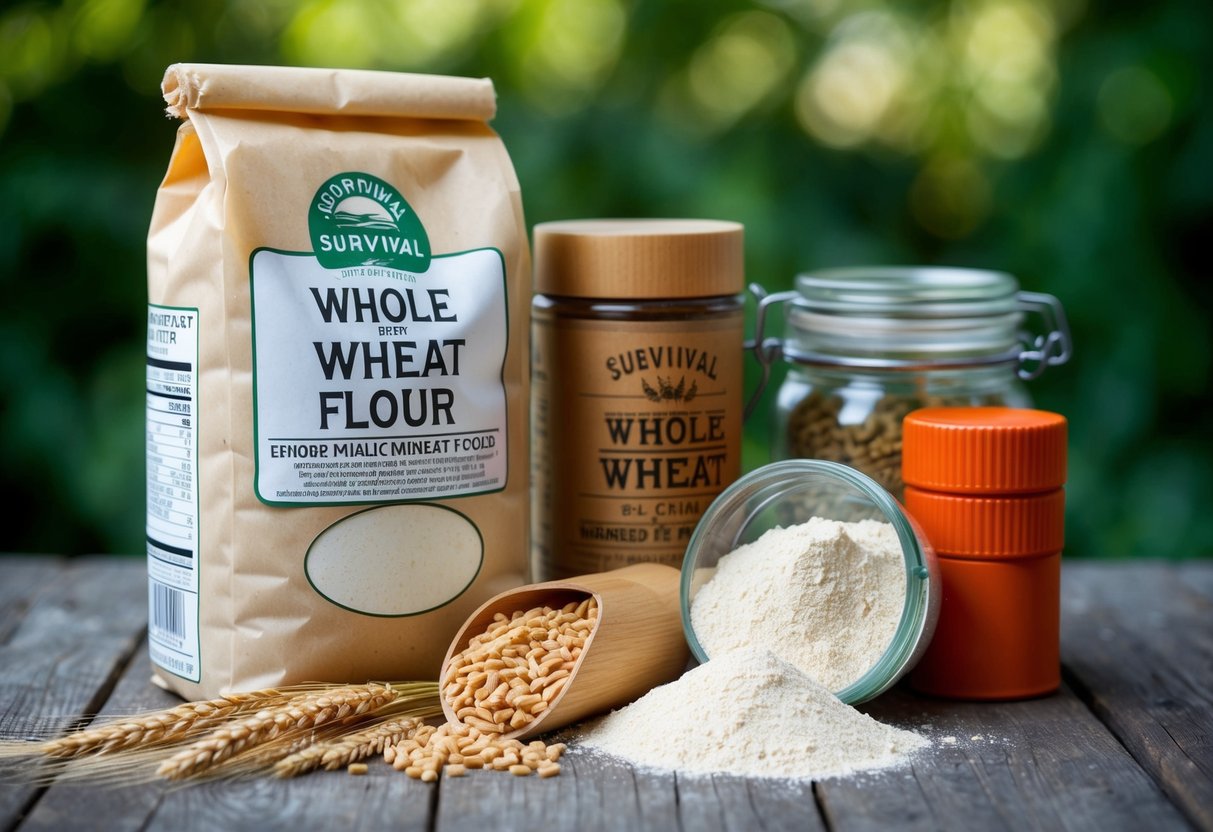 A bag of whole wheat flour among other survival foods