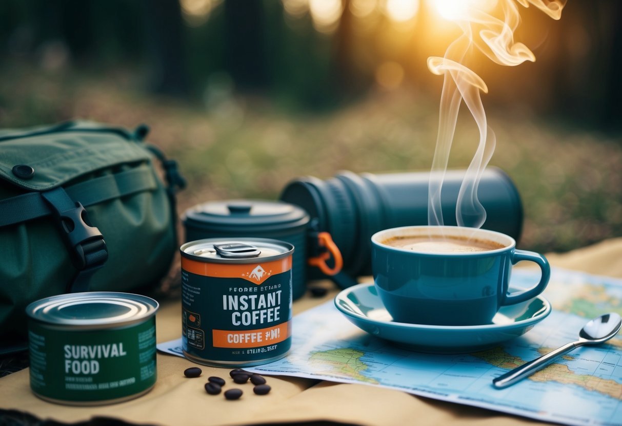 A steaming cup of instant coffee sits next to a can of survival food, surrounded by camping gear and a map