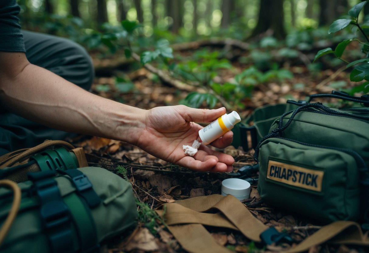 A hand applying chapstick to a wound on a forest floor, surrounded by survival gear and foliage