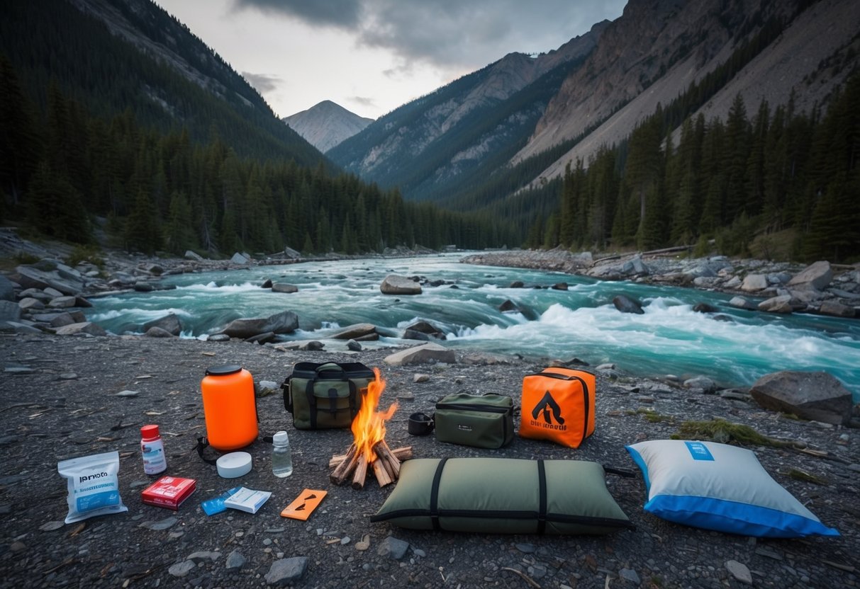 A rugged landscape with a roaring river, dense forest, and steep mountains, with various survival items scattered around such as a fire starter, water purification tablets, and a makeshift shelter