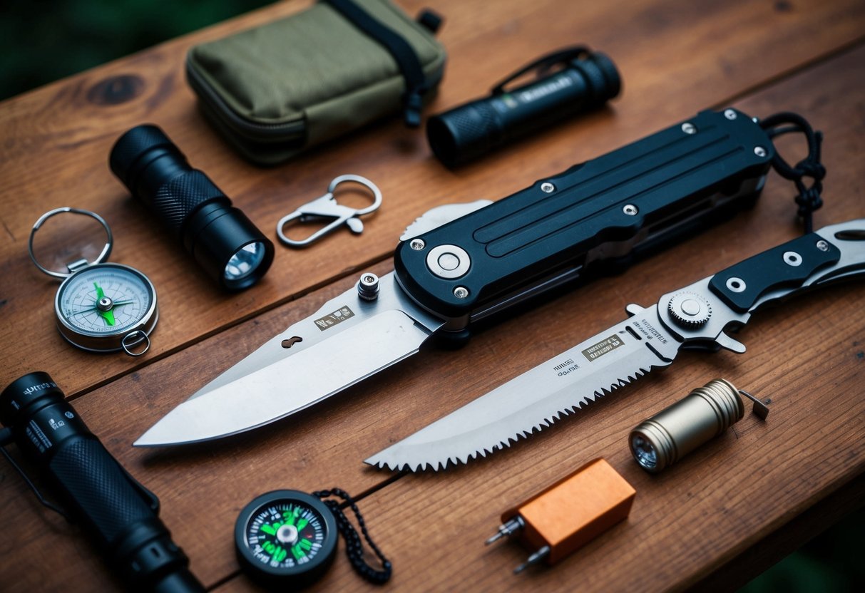 A multitool with 17 survival items, including a knife, screwdriver, and saw, is laid out on a wooden table with a compass, flashlight, and fire starter nearby