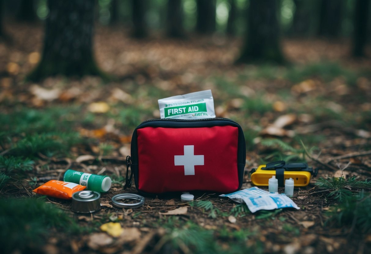 A small first aid kit open on a forest floor, surrounded by scattered survival items