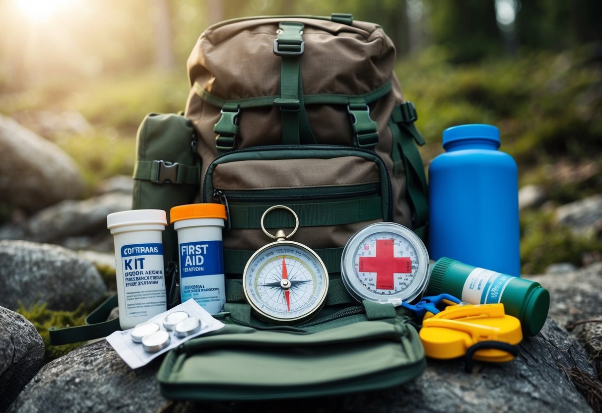 A rugged backpack filled with survival gear, including a compass, first-aid kit, water purification tablets, and other essential items