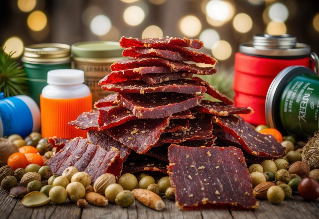 A pile of beef jerky surrounded by various survival foods and supplies