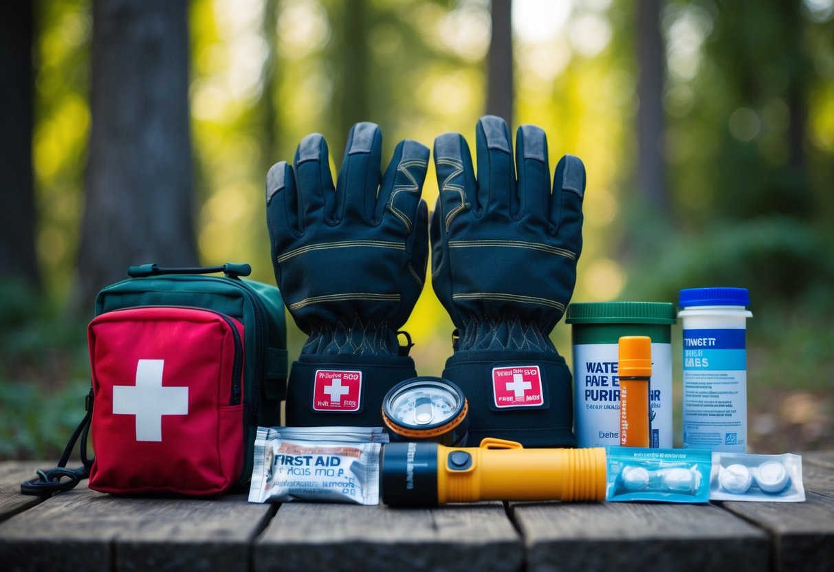 A pair of heavy-duty gloves lies among 17 survival items, including a first aid kit, flashlight, and water purification tablets