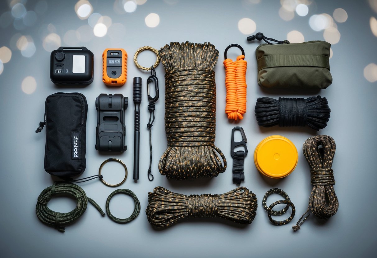 A collection of 17 survival items, including paracord, laid out neatly on a flat surface