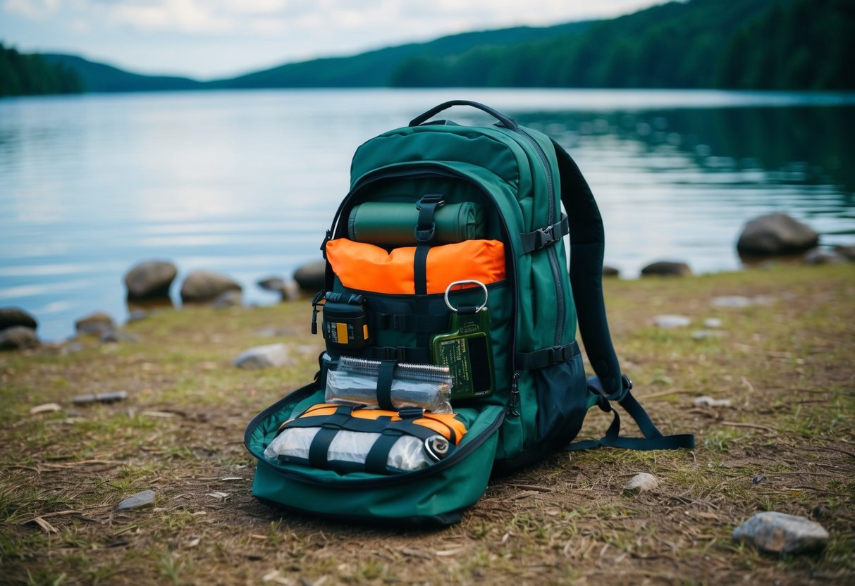 A backpack lies open on the ground, filled with 17 survival items, surrounded by a serene water landscape