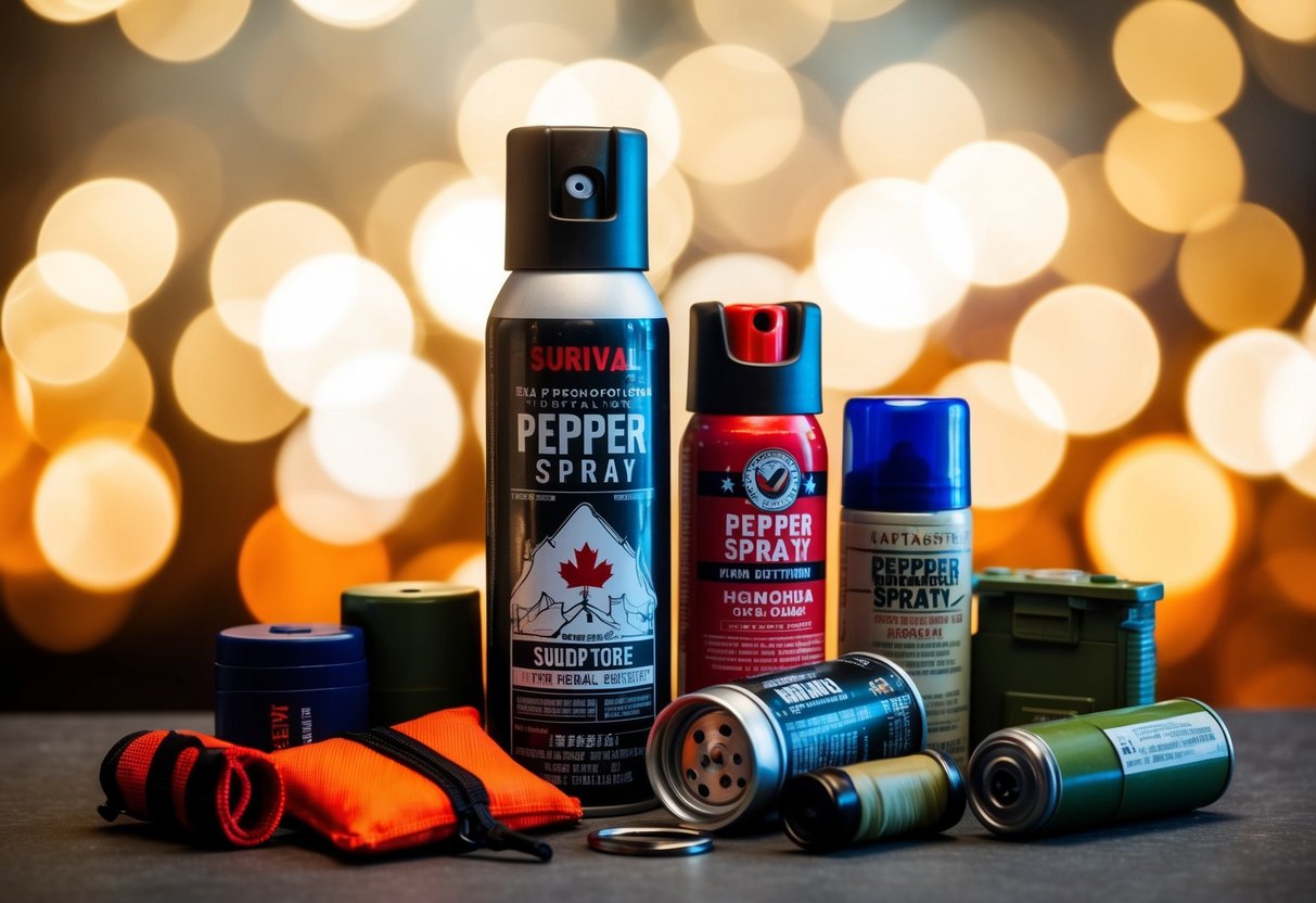 A canister of pepper spray surrounded by 16 other survival items