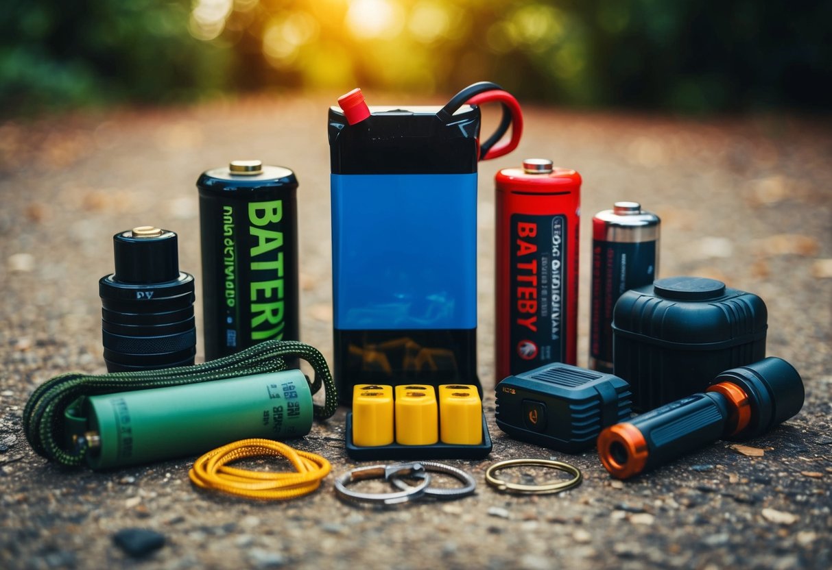 A battery pack surrounded by 16 other survival items