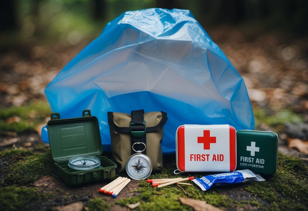 A rain poncho surrounded by 17 survival items including a compass, matches, and a first aid kit