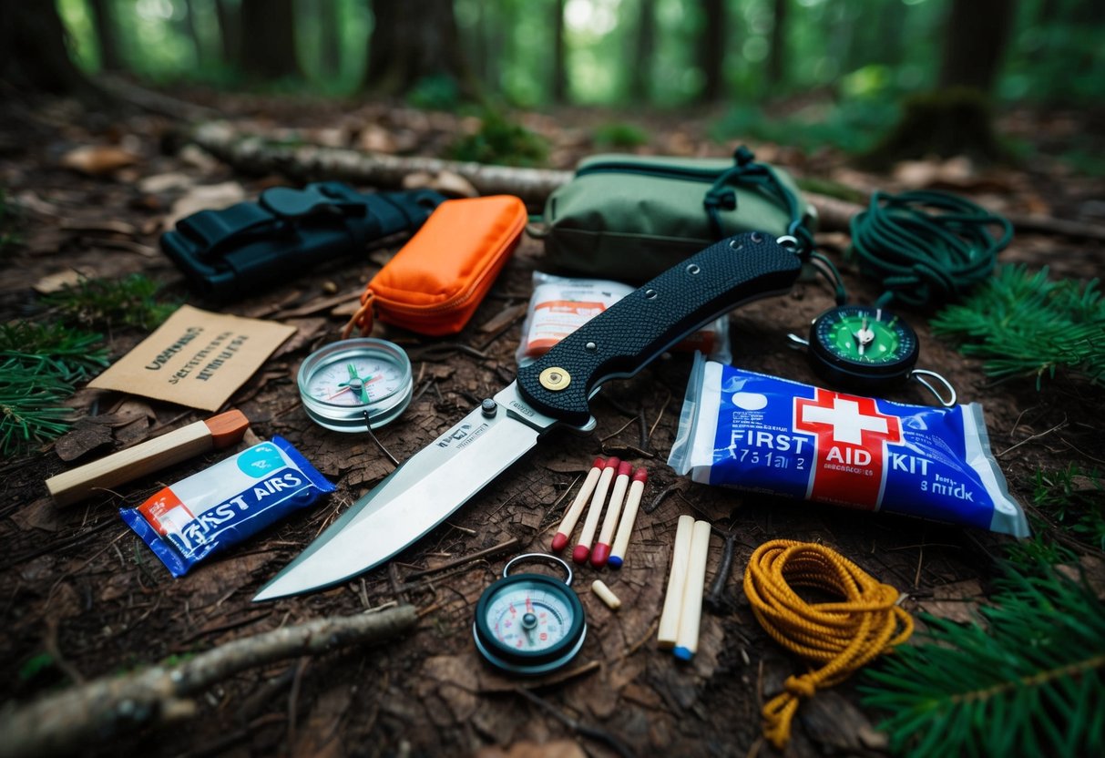 A knife surrounded by 17 survival items, such as a compass, matches, and a first aid kit, laid out on a forest floor