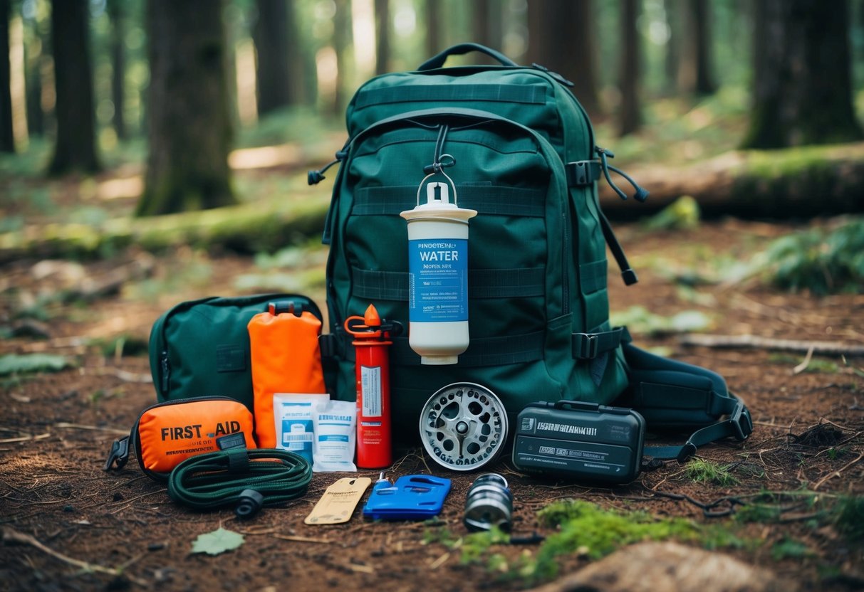 A rugged backpack filled with survival gear, including a water filter, fire starter, first aid kit, and multi-tool, laid out on a forest floor