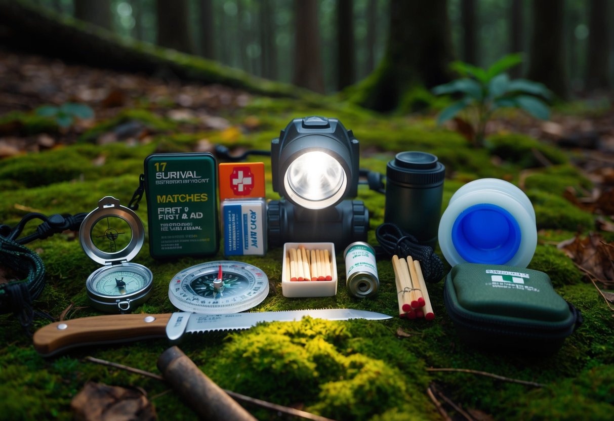 A headlamp illuminates 17 survival items: compass, matches, first aid kit, water purifier, knife, and more, arranged on a mossy forest floor