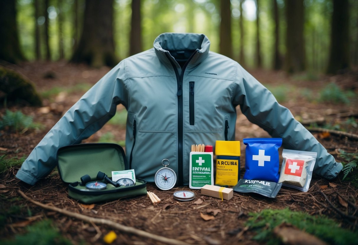 A light jacket surrounded by 17 survival items, including a compass, matches, and a first aid kit, laid out on a forest floor