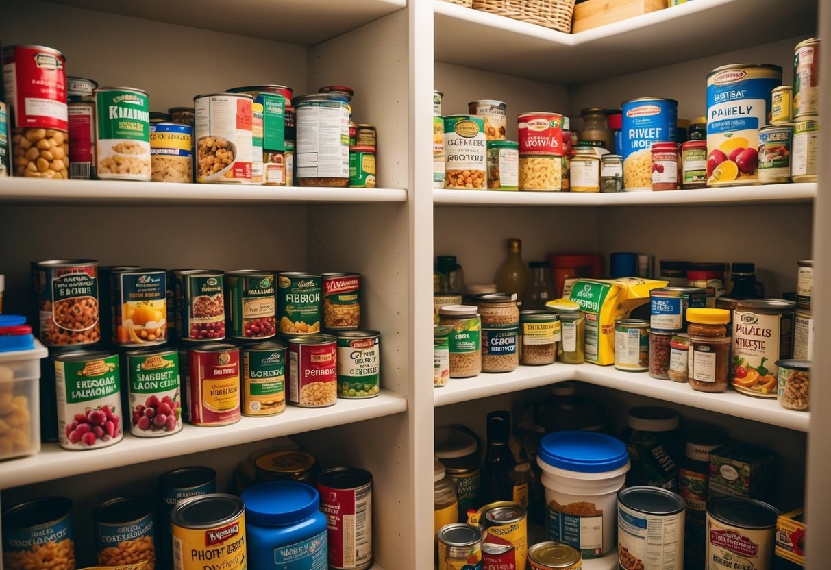 A pantry filled with various survival foods such as canned goods, dried fruits, and non-perishable items neatly organized on shelves