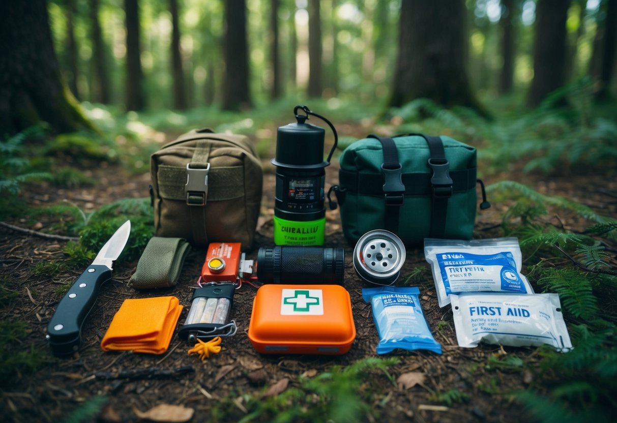 A collection of 17 essential survival items arranged neatly on a forest floor, including a knife, fire starter, water filter, and first aid kit