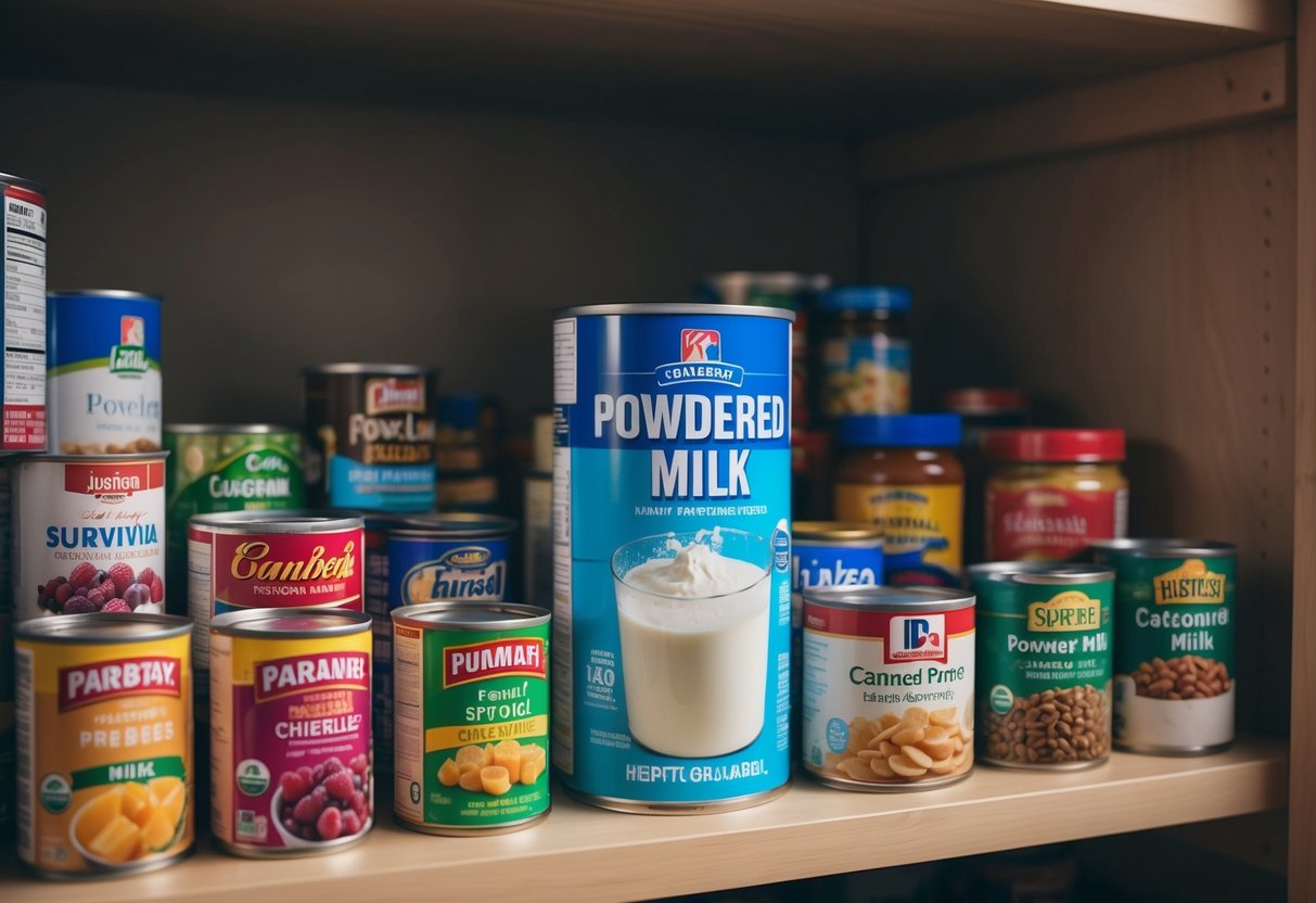 A can of powdered milk sits among 30 assorted survival foods, including canned goods and dried fruits, on a wooden shelf in a dimly lit pantry