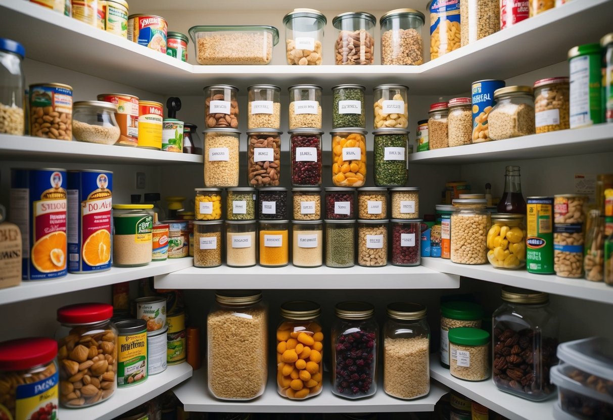 A well-organized pantry filled with various canned goods, dried fruits, nuts, and grains neatly labeled and stored in airtight containers