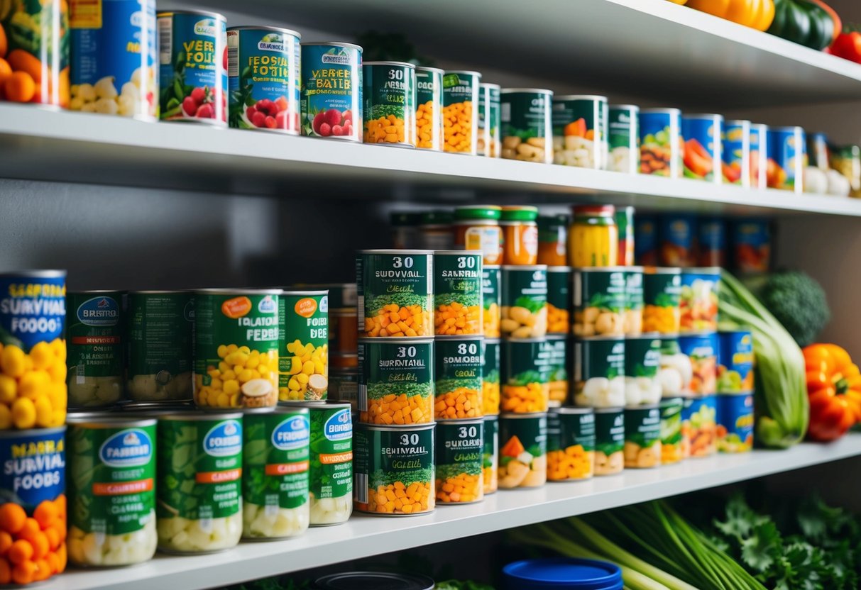 A shelf filled with neatly stacked cans of various vegetables, labeled as "30 survival foods."