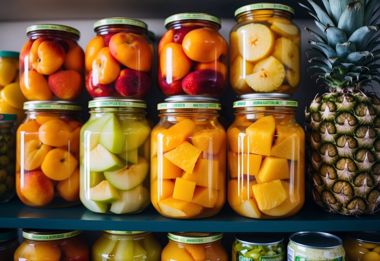 A variety of canned fruits, including peaches, pears, and pineapple, neatly arranged on a shelf