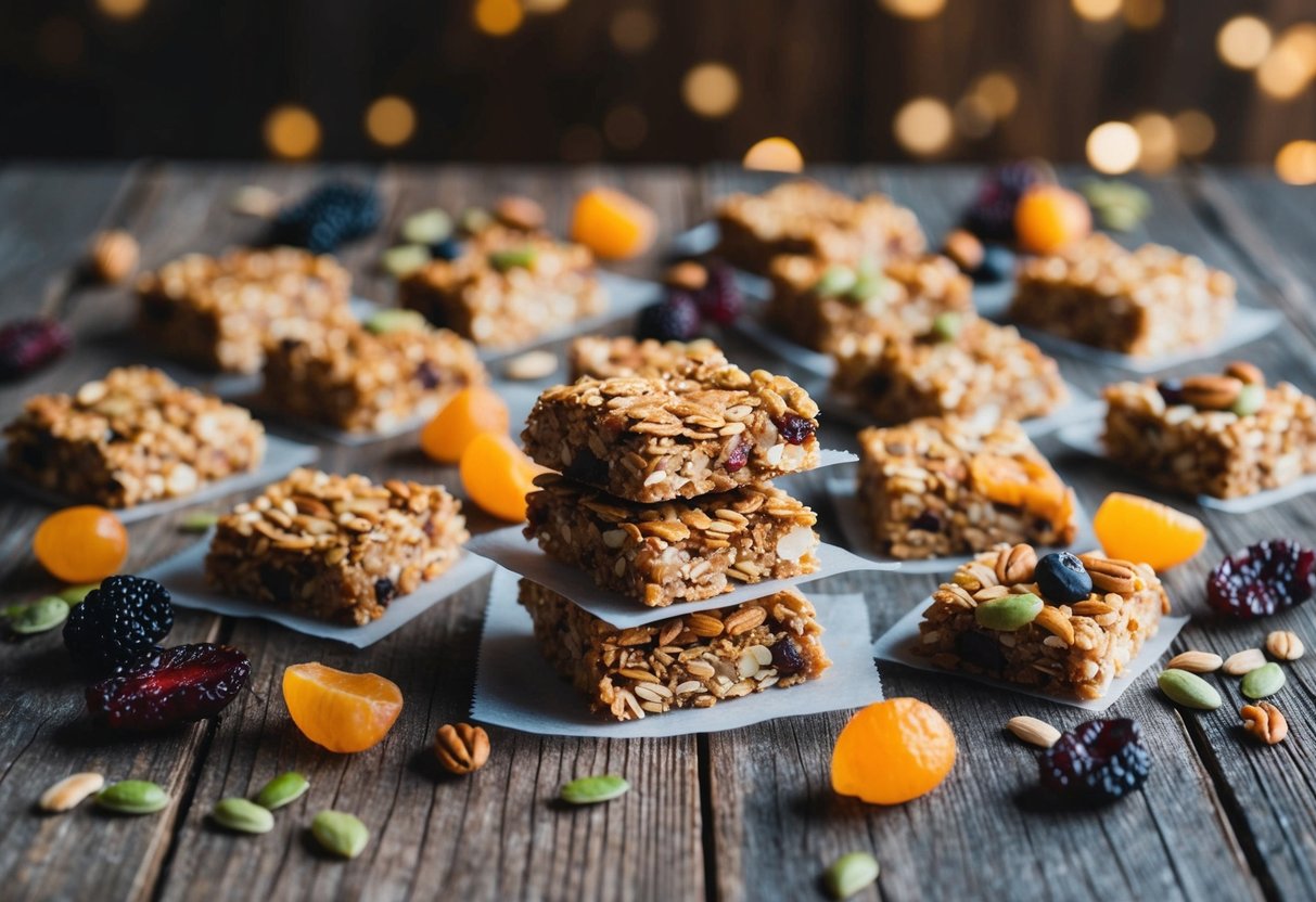 A variety of granola bars scattered on a rustic wooden table surrounded by dried fruits, nuts, and seeds