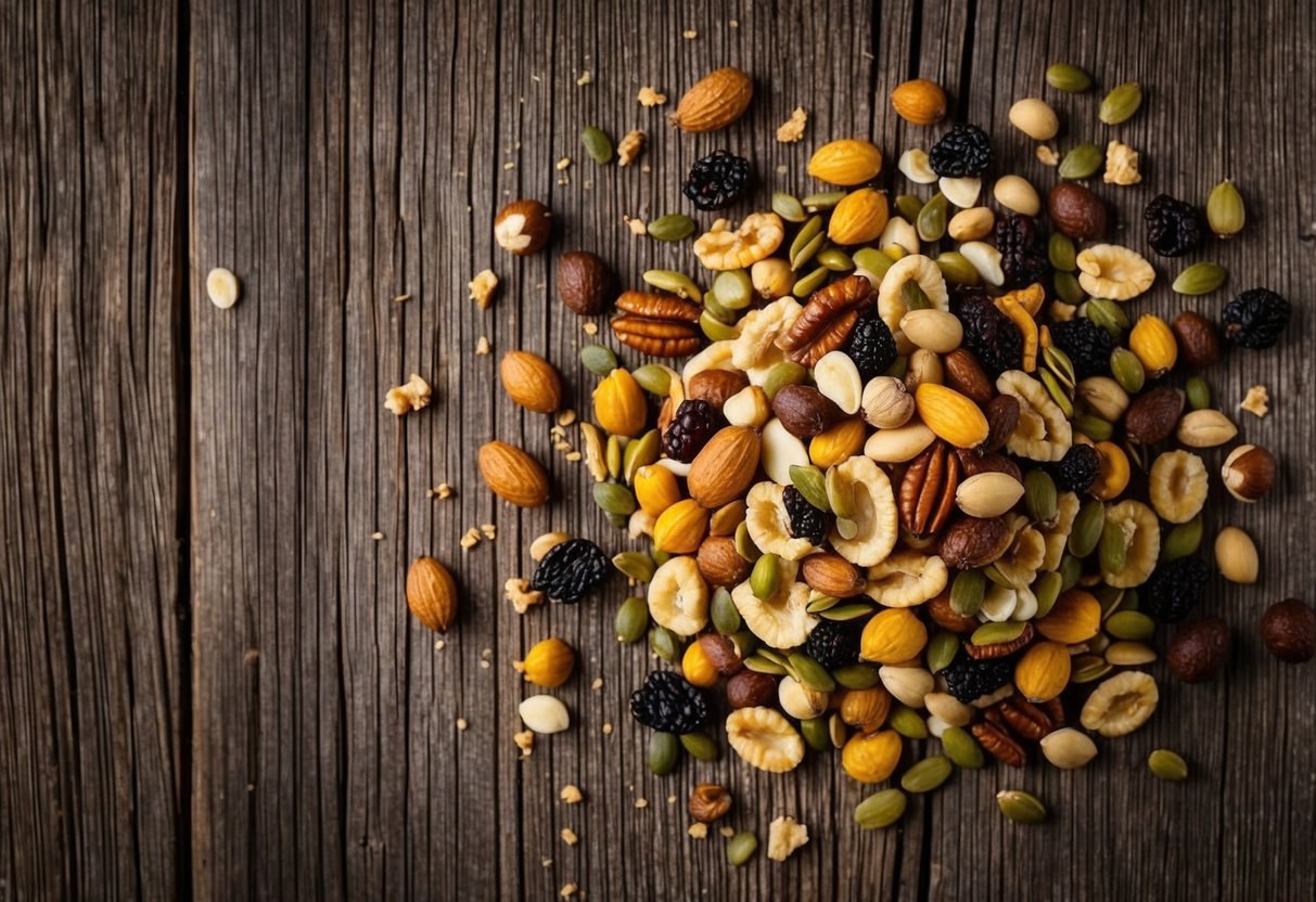 A pile of assorted nuts, seeds, and dried fruits scattered on a rustic wooden surface, surrounded by a few scattered crumbs and a few scattered crumbs