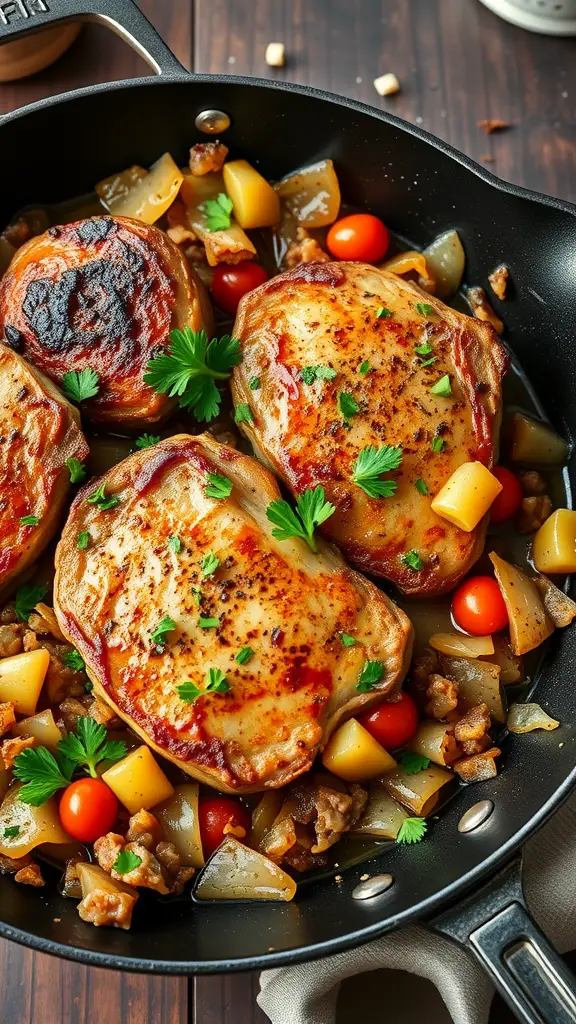 A skillet filled with pork chops, sauerkraut, and colorful vegetables.